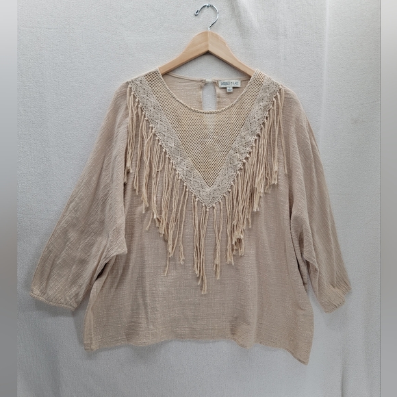Tassels & Lace Linen Blend Boho Fringe Beige Top Size-L - Picture 1 of 7